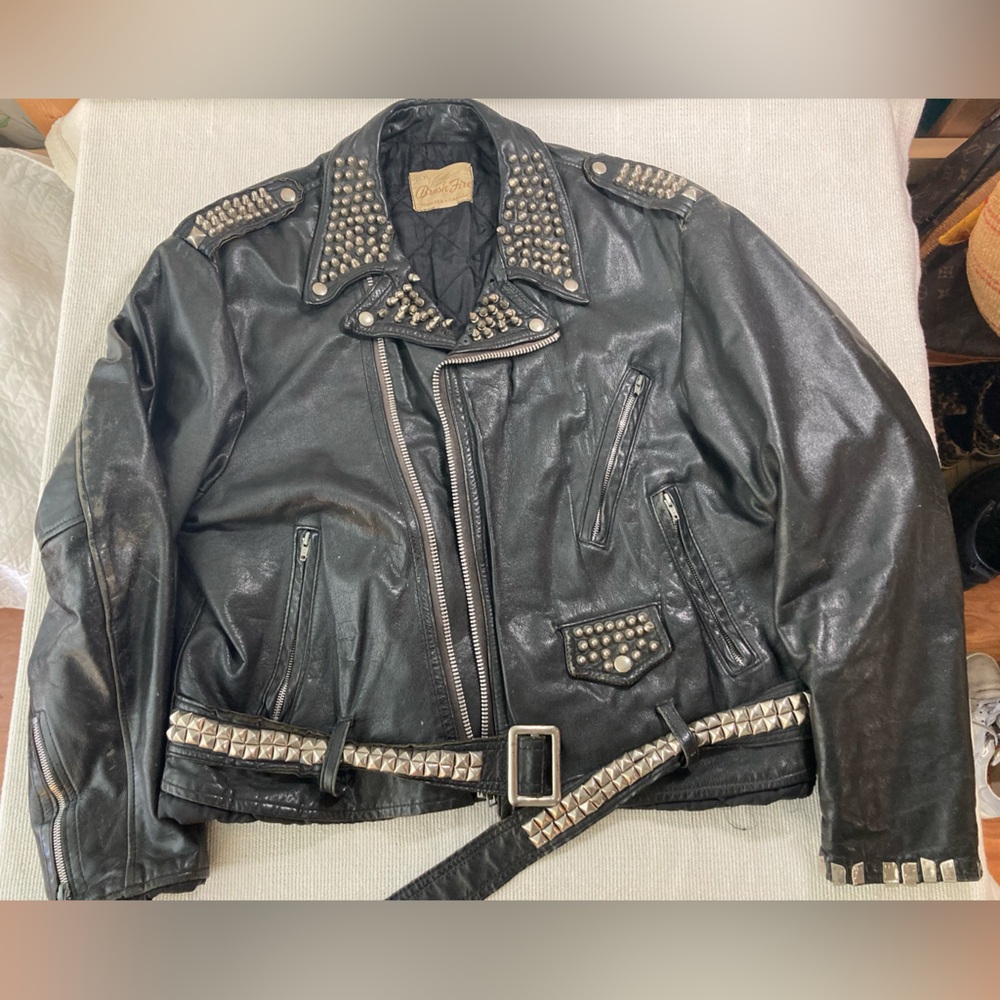 Black Leather Motorcycle Jacket Studded Vintage Brushfire Brand